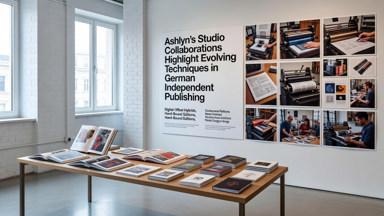 Detailed view of evolving publishing techniques including sustainable paper samples and digital integration tools used in Ashlyn studio sessions